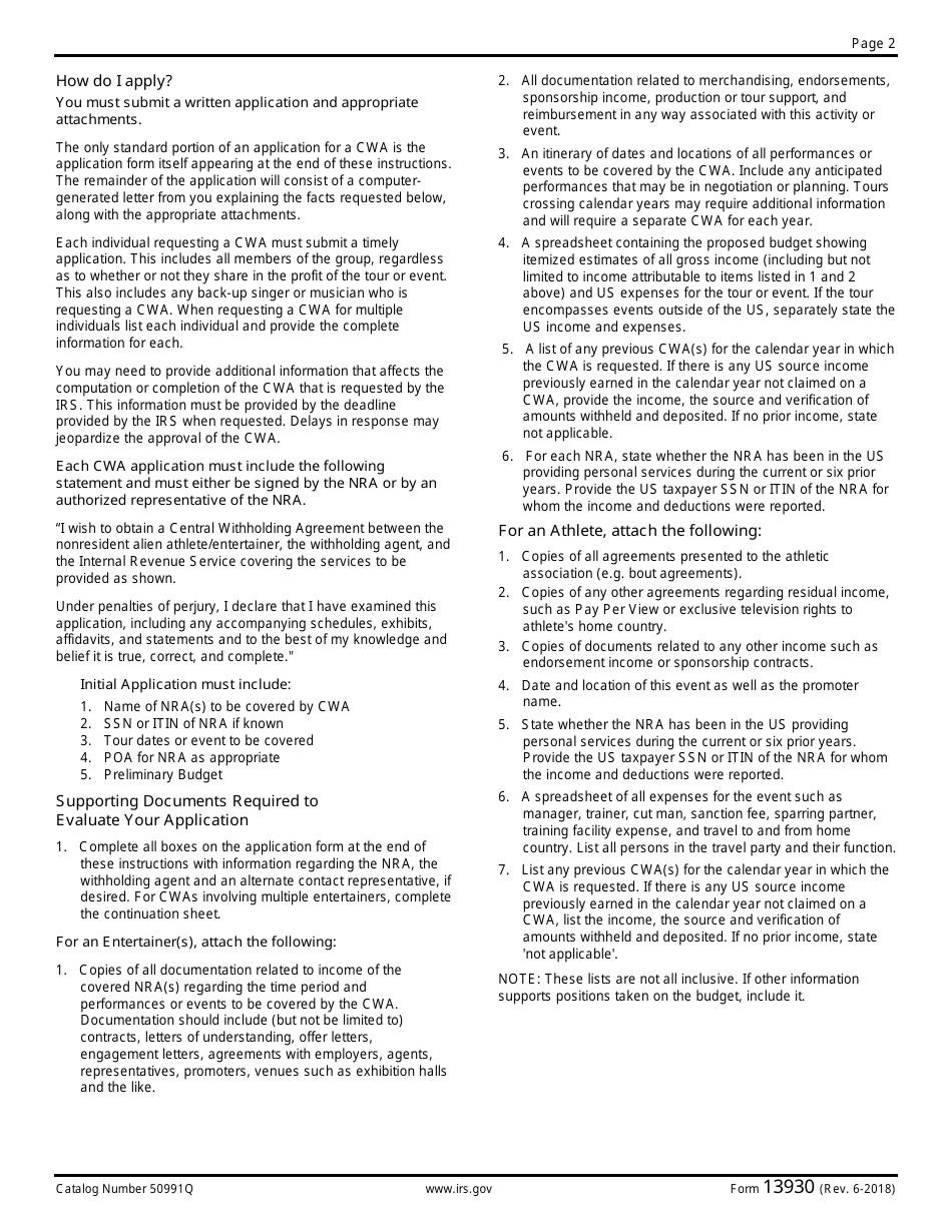 IRS Form 13930 Application for Central Withholding Agreement, Page 2