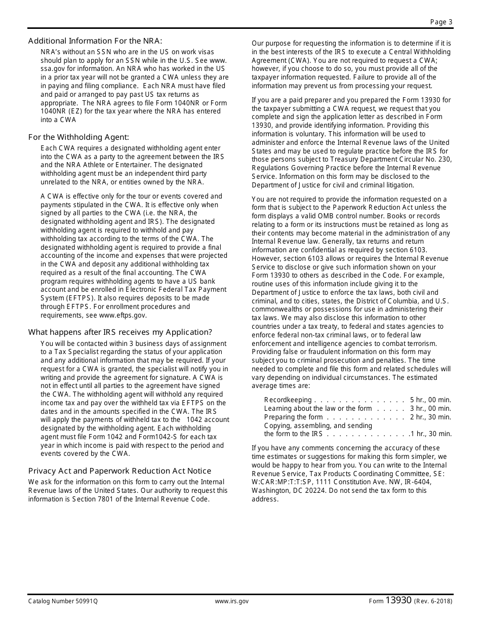 IRS Form 13930 Application for Central Withholding Agreement, Page 3