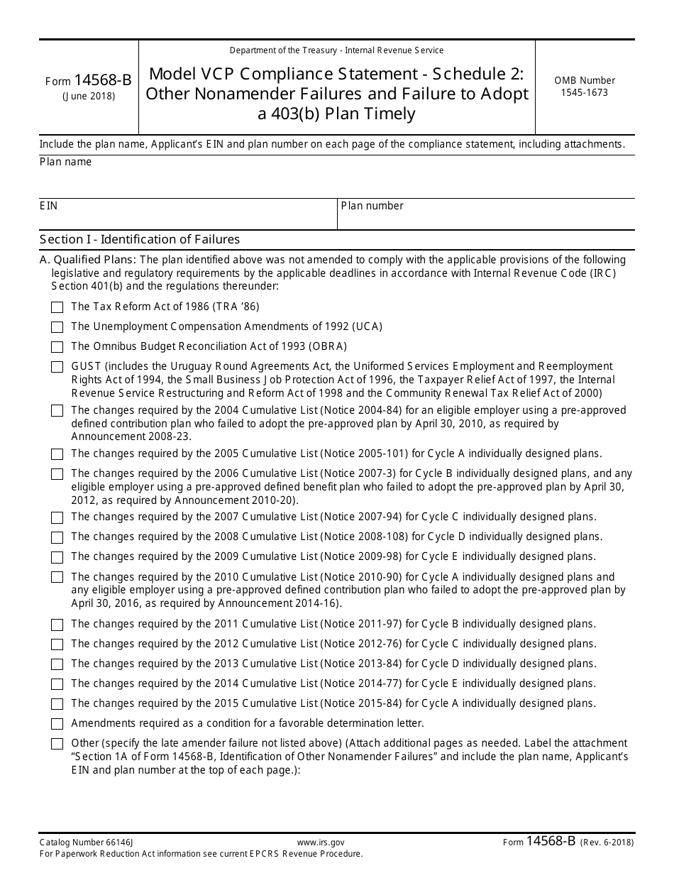 IRS Form 14568-B Model Vcp Compliance Statement - Schedule 2: Other Nonamender Failures and Failure to Adopt a 403(B) Plan Timely, Page 1