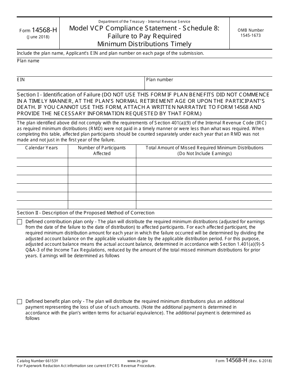 IRS Form 14568-H Model Vcp Compliance Statement - Schedule 8: Failure to Pay Required Minimum Distributions Timely, Page 1