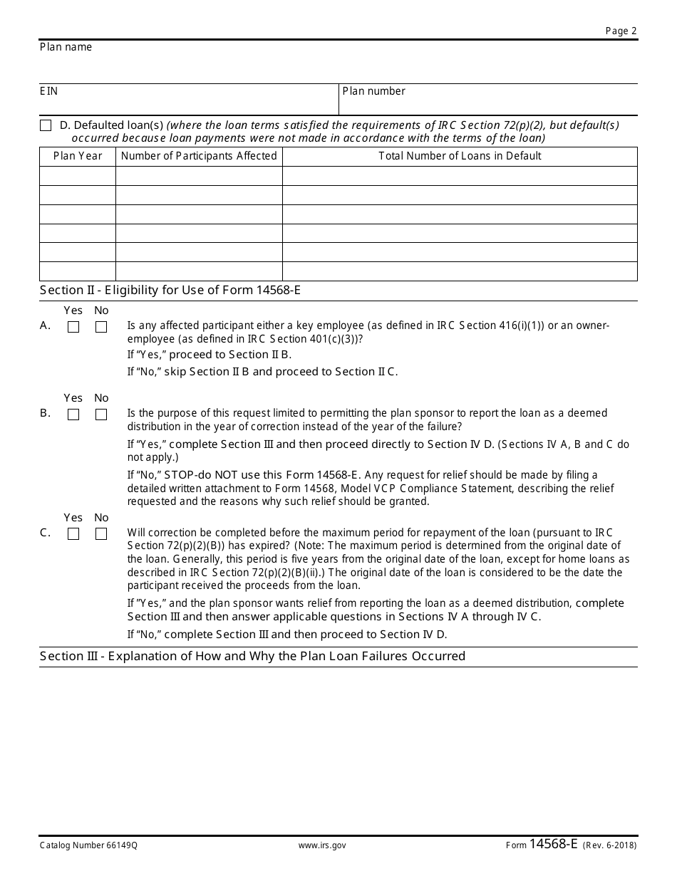 IRS Form 14568-E Model Vcp Compliance Statement - Schedule 5: Plan Loan Failures (Qualified Plans and 403(B) Plans), Page 2