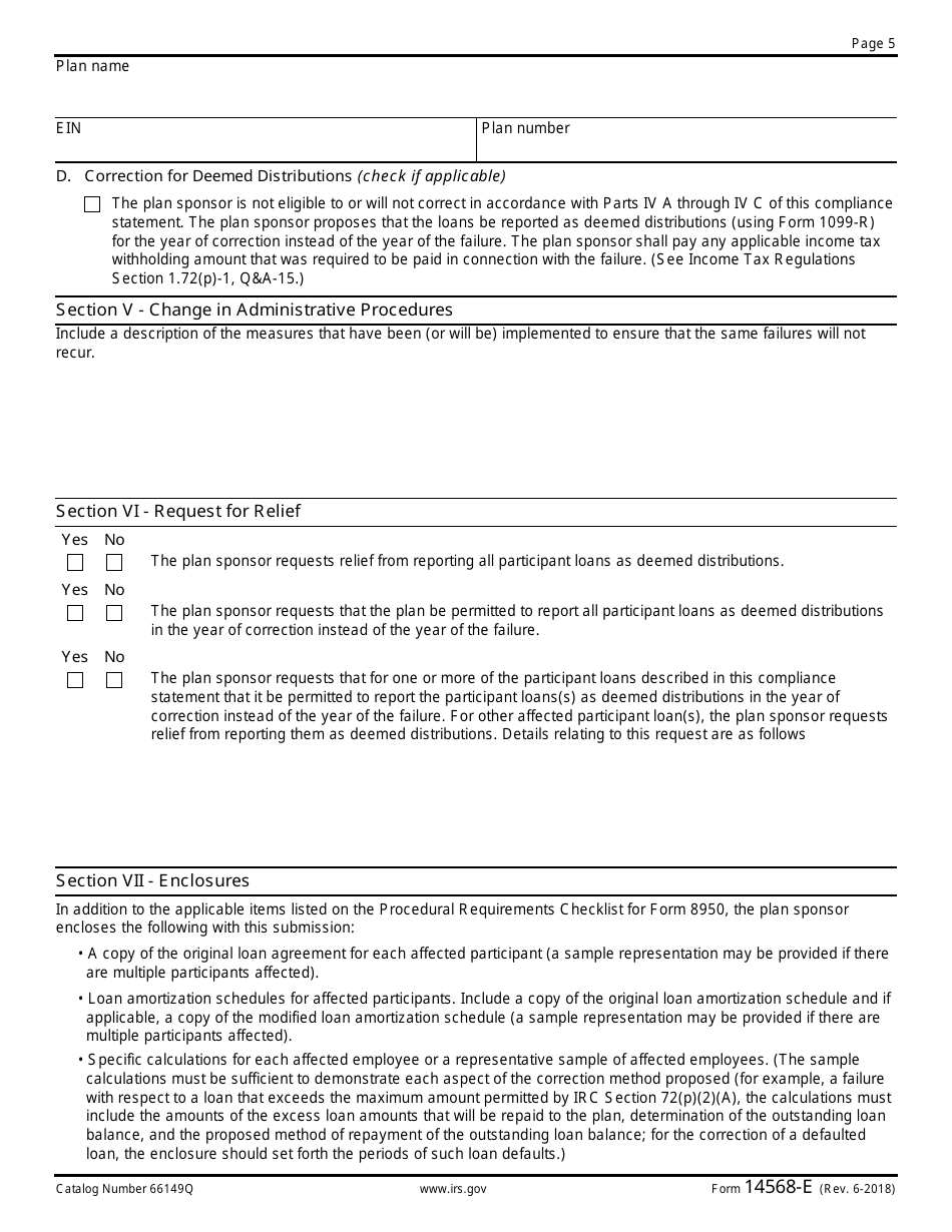 IRS Form 14568-E Model Vcp Compliance Statement - Schedule 5: Plan Loan Failures (Qualified Plans and 403(B) Plans), Page 5