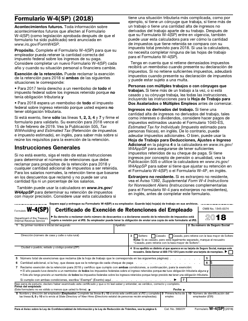 IRS Formulario W-4(SP) 2018 Printable Pdf