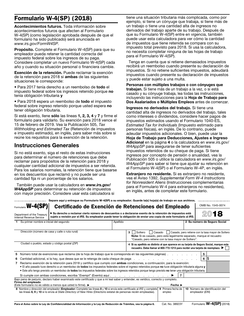IRS Formulario W-4(SP) Certificado De Exencion De Retenciones Del Empleado (Spanish), Page 1