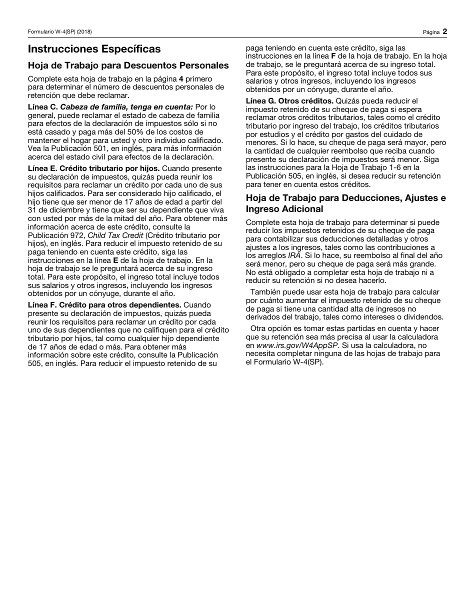 IRS Formulario W-4(SP) Certificado De Exencion De Retenciones Del Empleado (Spanish), Page 2