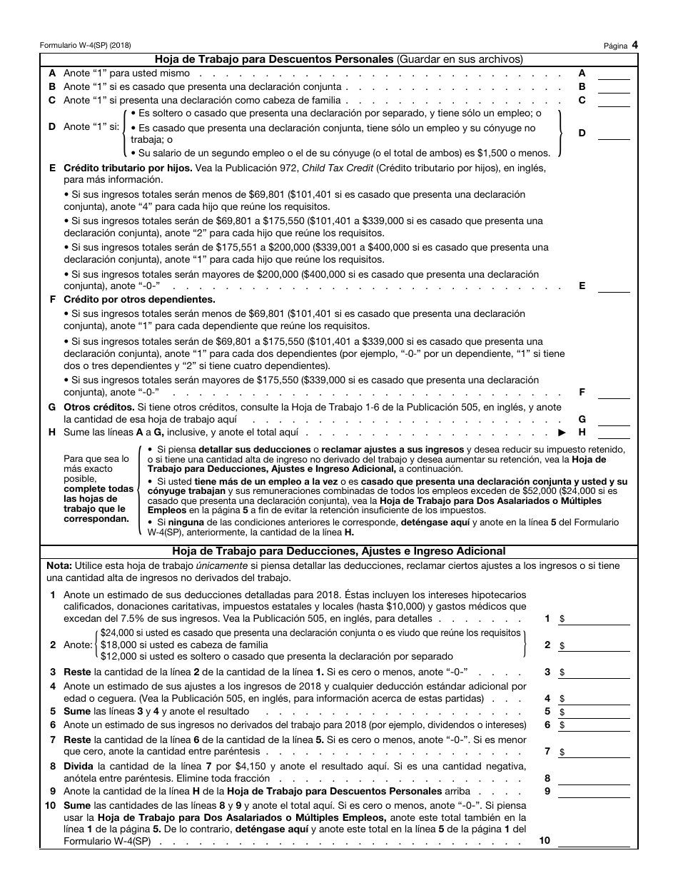 IRS Formulario W-4(SP) Certificado De Exencion De Retenciones Del Empleado (Spanish), Page 4