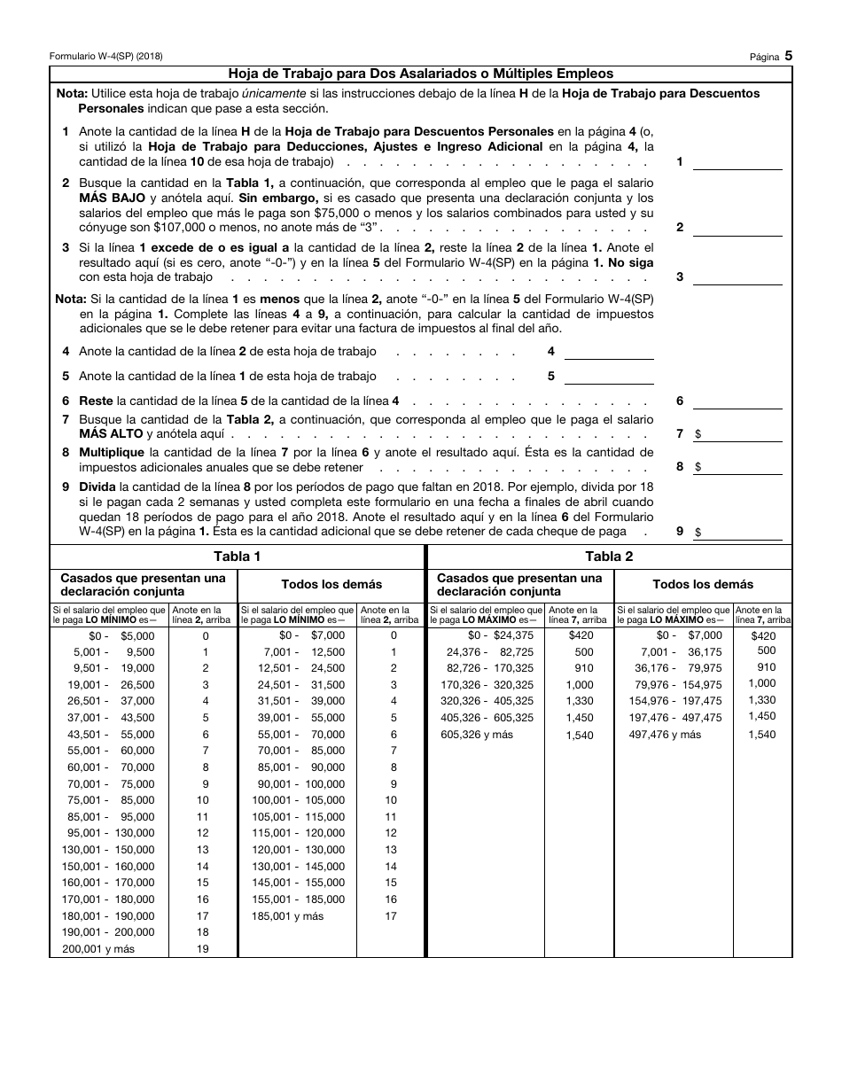 IRS Formulario W-4(SP) Certificado De Exencion De Retenciones Del Empleado (Spanish), Page 5