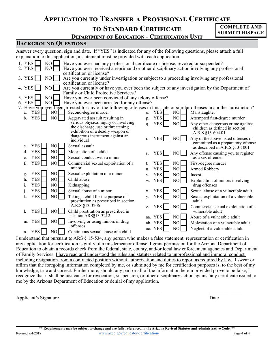 Application to Transfer a Provisional Certificate to Standard Certificate - Arizona, Page 4