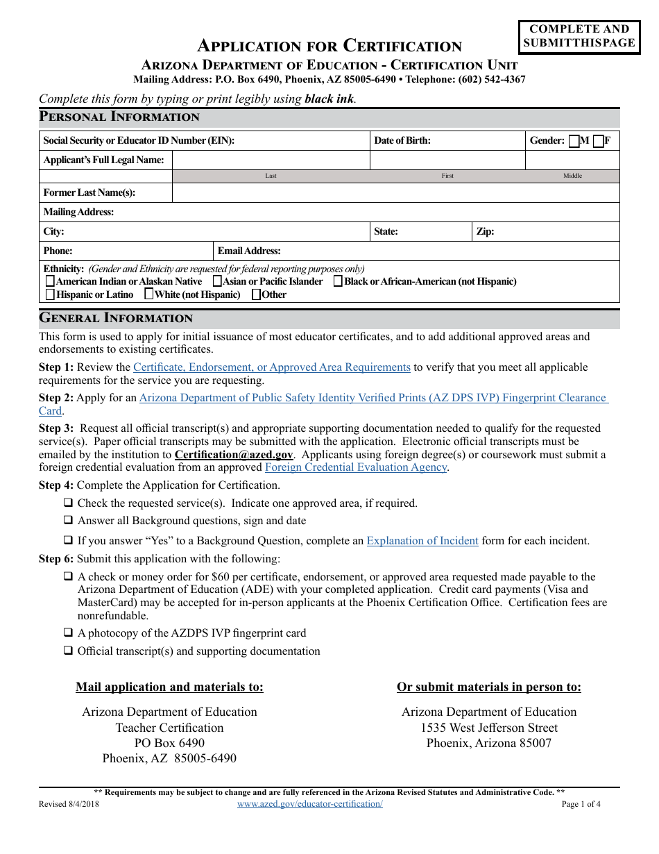 Application for Certification - Arizona, Page 1