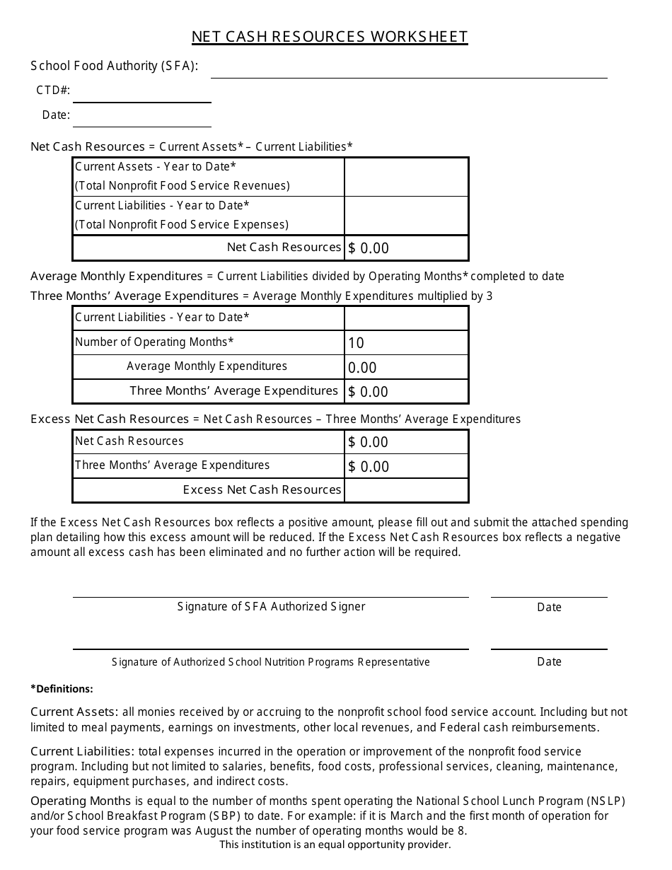 Net Cash Resources Worksheet - Arizona, Page 1