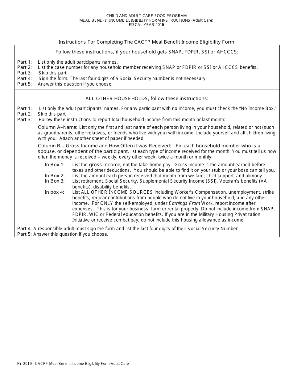 Instructions for CACFP Meal Benefit Income Eligibility Form (Adult Care), Page 1