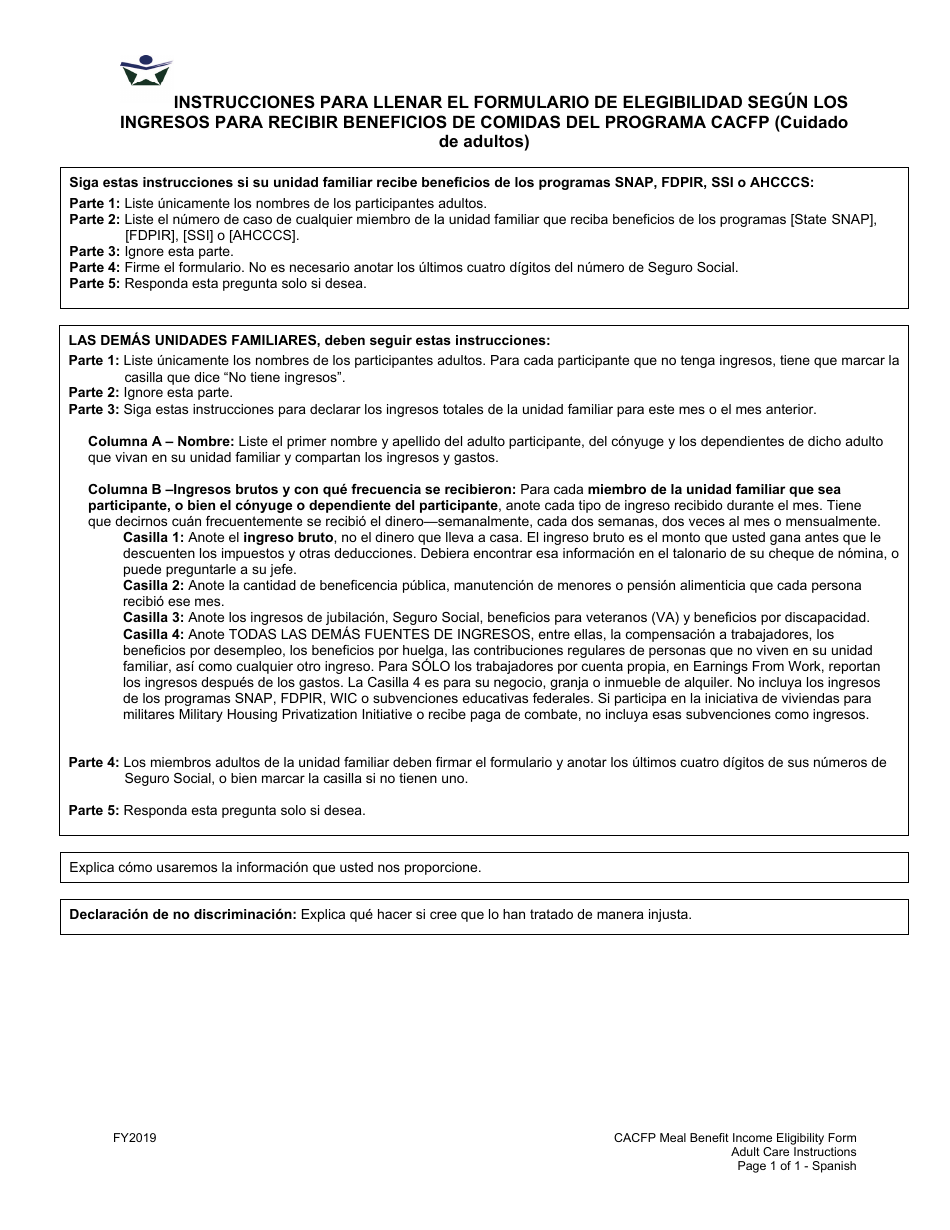 Instrucciones para Llenar El Formulario De Elegibilidad Segun Los Ingresos Para Recibir Beneficios De Comidas Del Programa CACFP (Cuidado De Adultos) (Spanish), Page 1