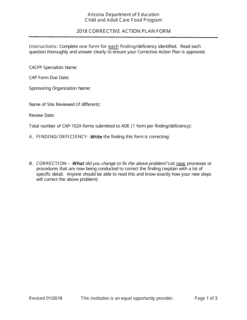Corrective Action Plan Form - Child and Adult Care Food Program - Arizona, Page 1