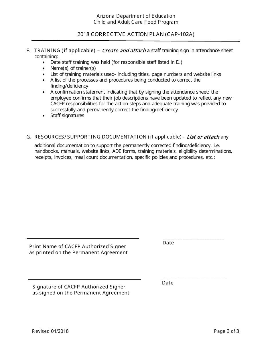 Corrective Action Plan Form - Child and Adult Care Food Program - Arizona, Page 3