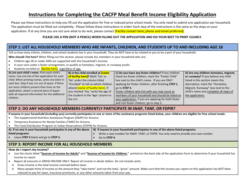 Instructions for CACFP Meal Benefit Income Eligibility Application Form - Arizona Download Pdf