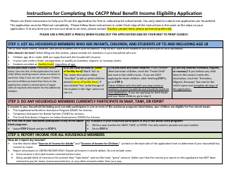 Instructions for CACFP Meal Benefit Income Eligibility Application Form - Arizona