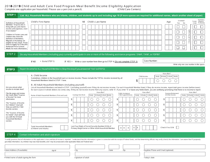 &quot;Child and Adult Care Food Program Meal Benefit Income Eligibility Application Form&quot; - Arizona Download Pdf