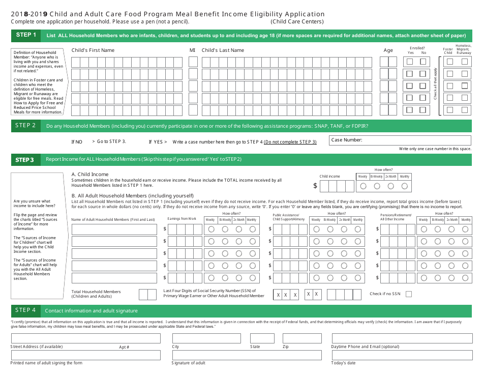 Child and Adult Care Food Program Meal Benefit Income Eligibility Application Form - Arizona, Page 1
