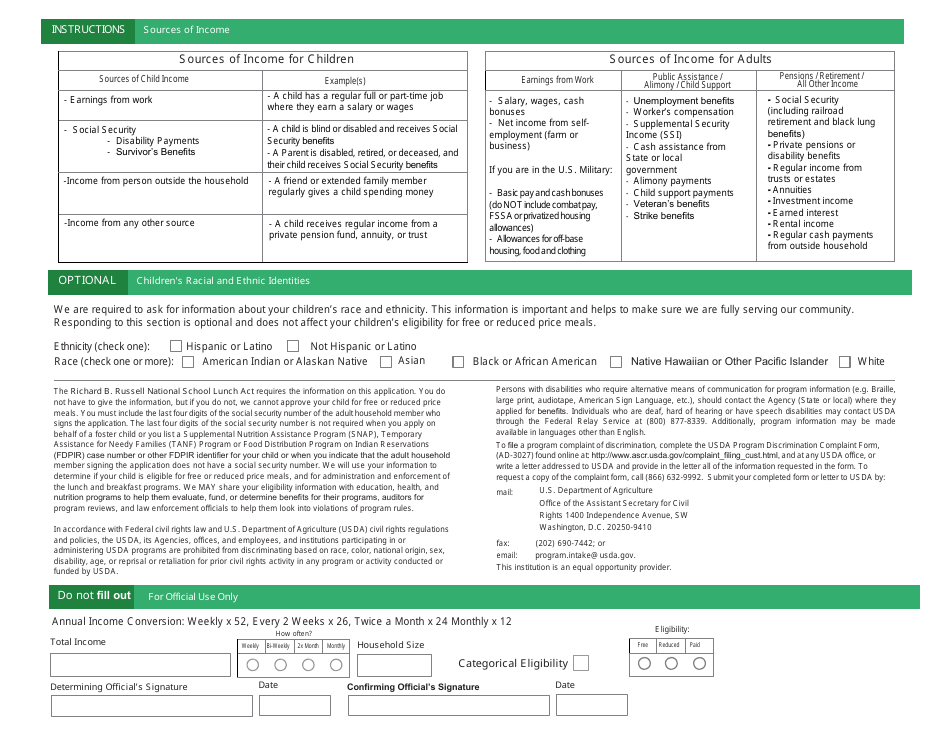 Child and Adult Care Food Program Meal Benefit Income Eligibility Application Form - Arizona, Page 2
