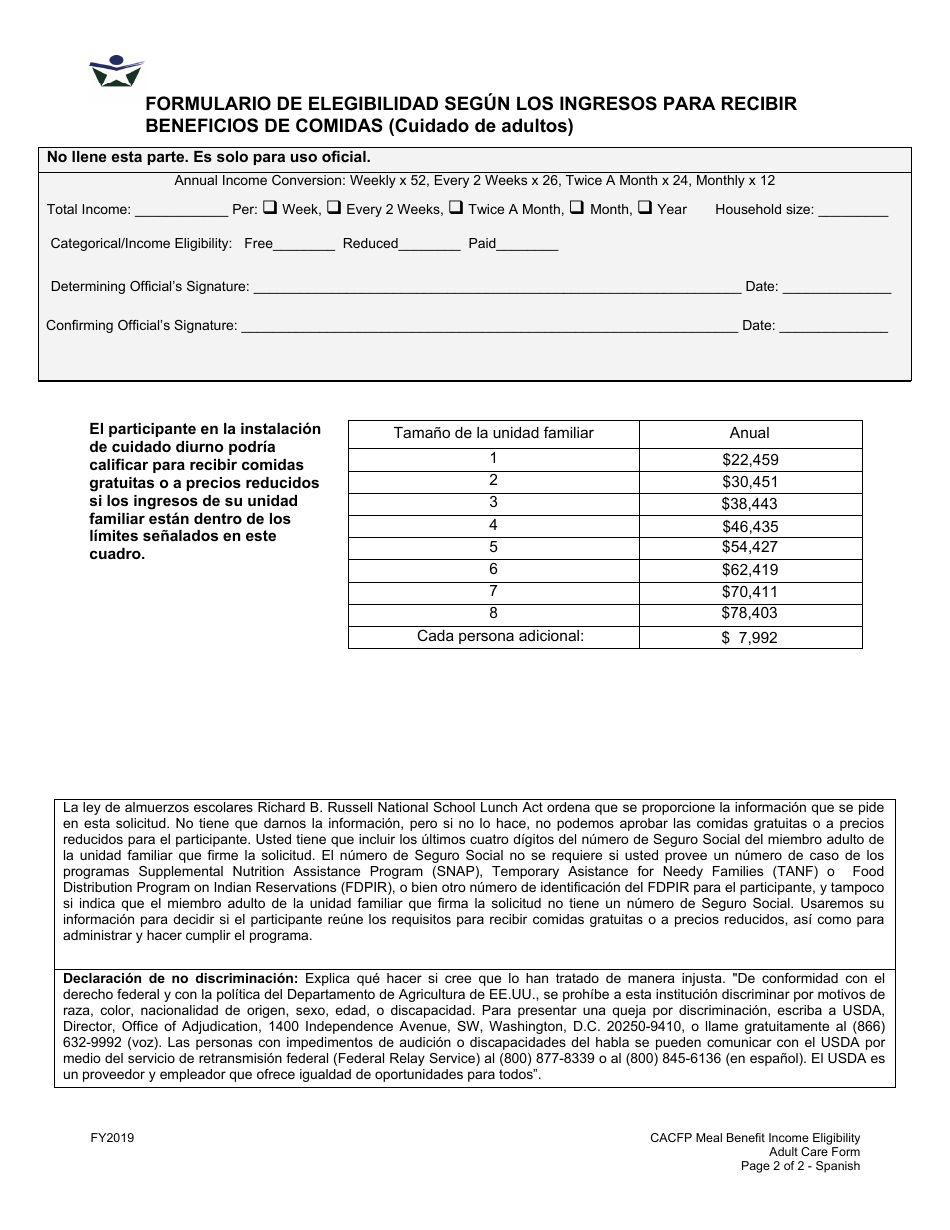 Formulario De Elegibilidad Segun Los Ingresos Para Recibir Beneficios De Comidas (Cuidado De Adultos) - Florida (Spanish), Page 2