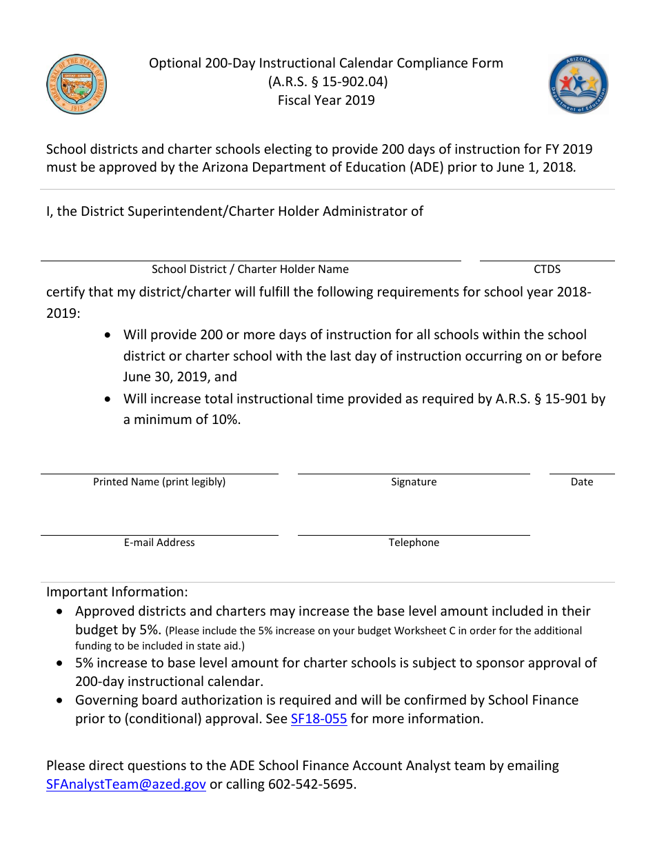 Optional 200-day Instructional Calendar Compliance Form - Arizona, Page 1