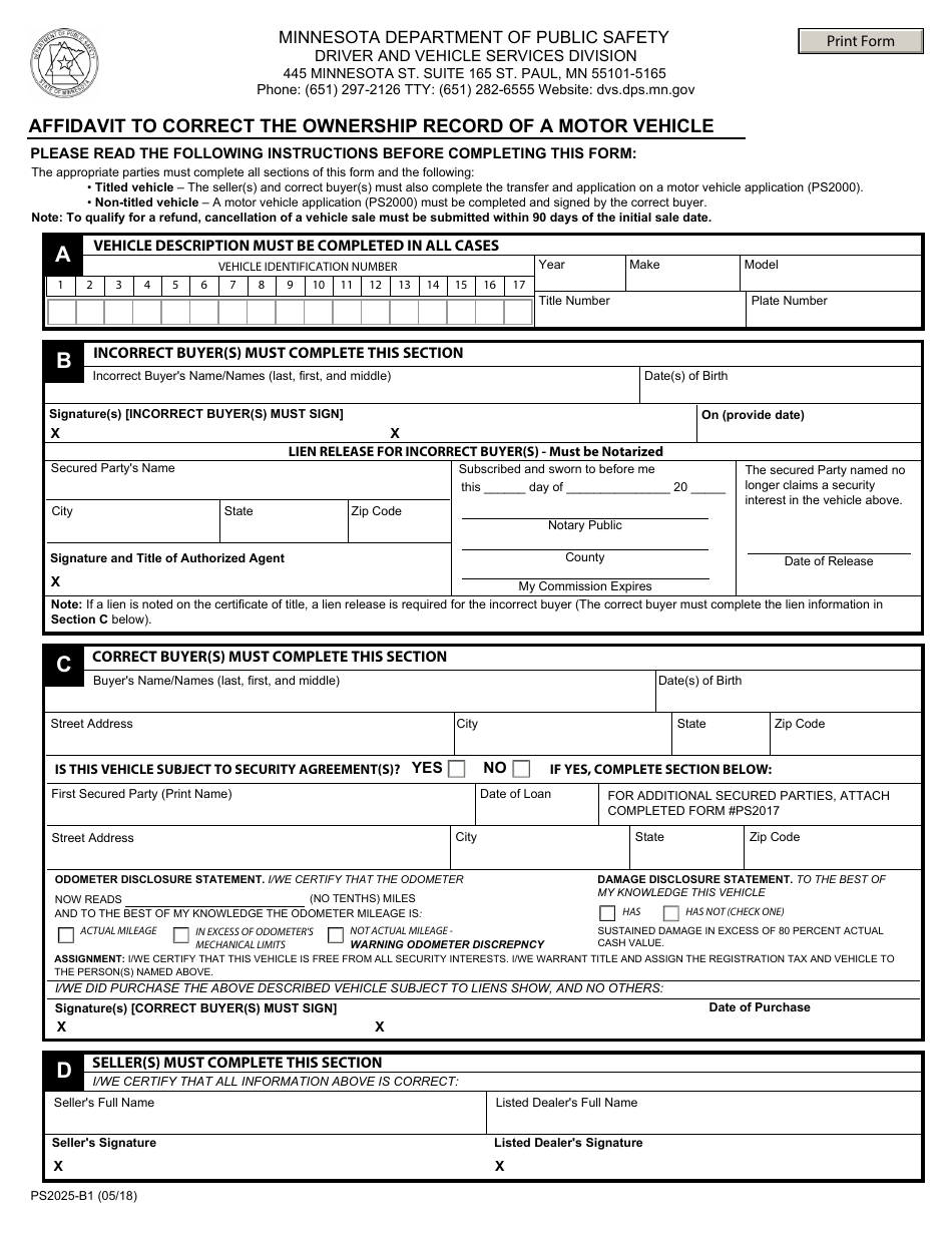 Form PS2025-B1 Affidavit to Correct the Ownership Record of a Motor Vehicle - Minnesota, Page 1