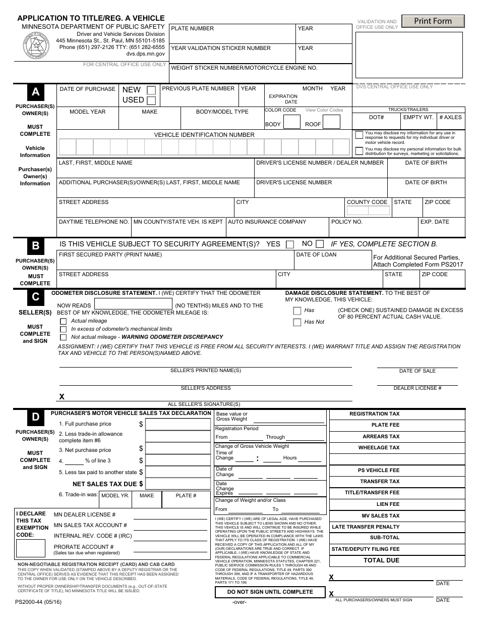Form PS2000-44 Application to Title and Register a Motor Vehicle - Minnesota, Page 1