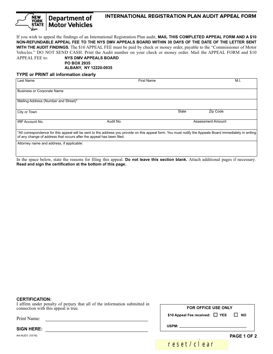 Form AA-AUD1 International Registration Plan Audit Appeal Form - New York, Page 1