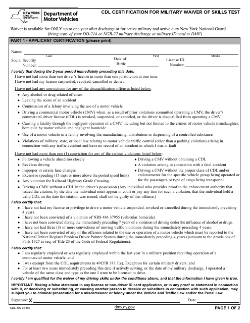 Form CDL-102  Printable Pdf