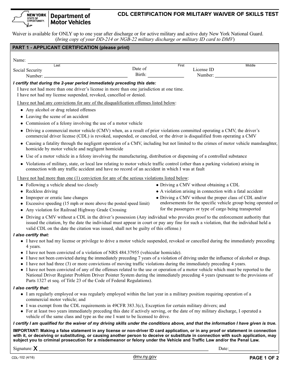 Form Cdl-102 - Fill Out, Sign Online And Download Fillable Pdf, New 