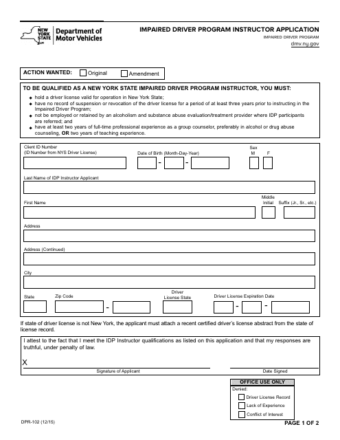 Form DPR-102  Printable Pdf