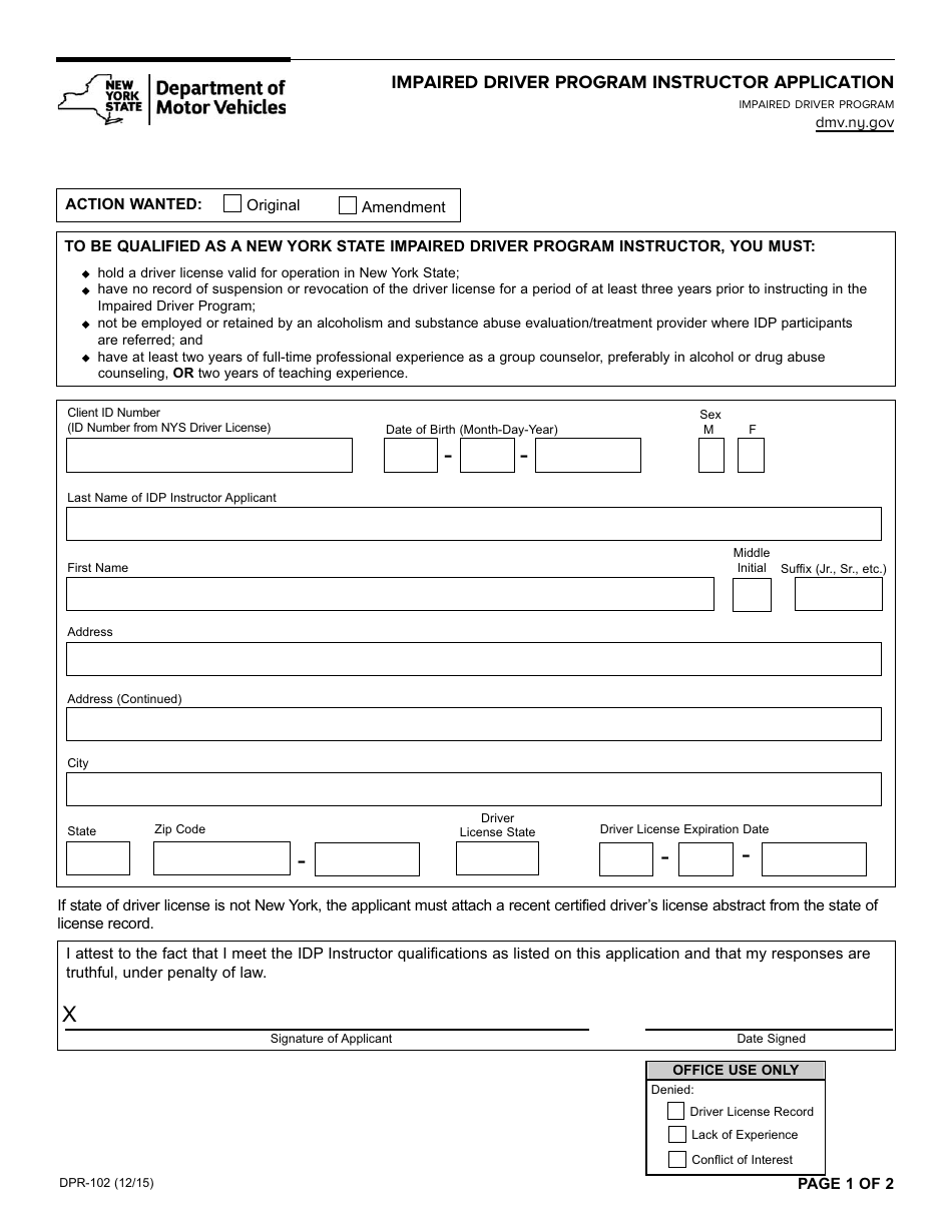 Form DPR-102 Impaired Driver Program Instructor Application - New York, Page 1