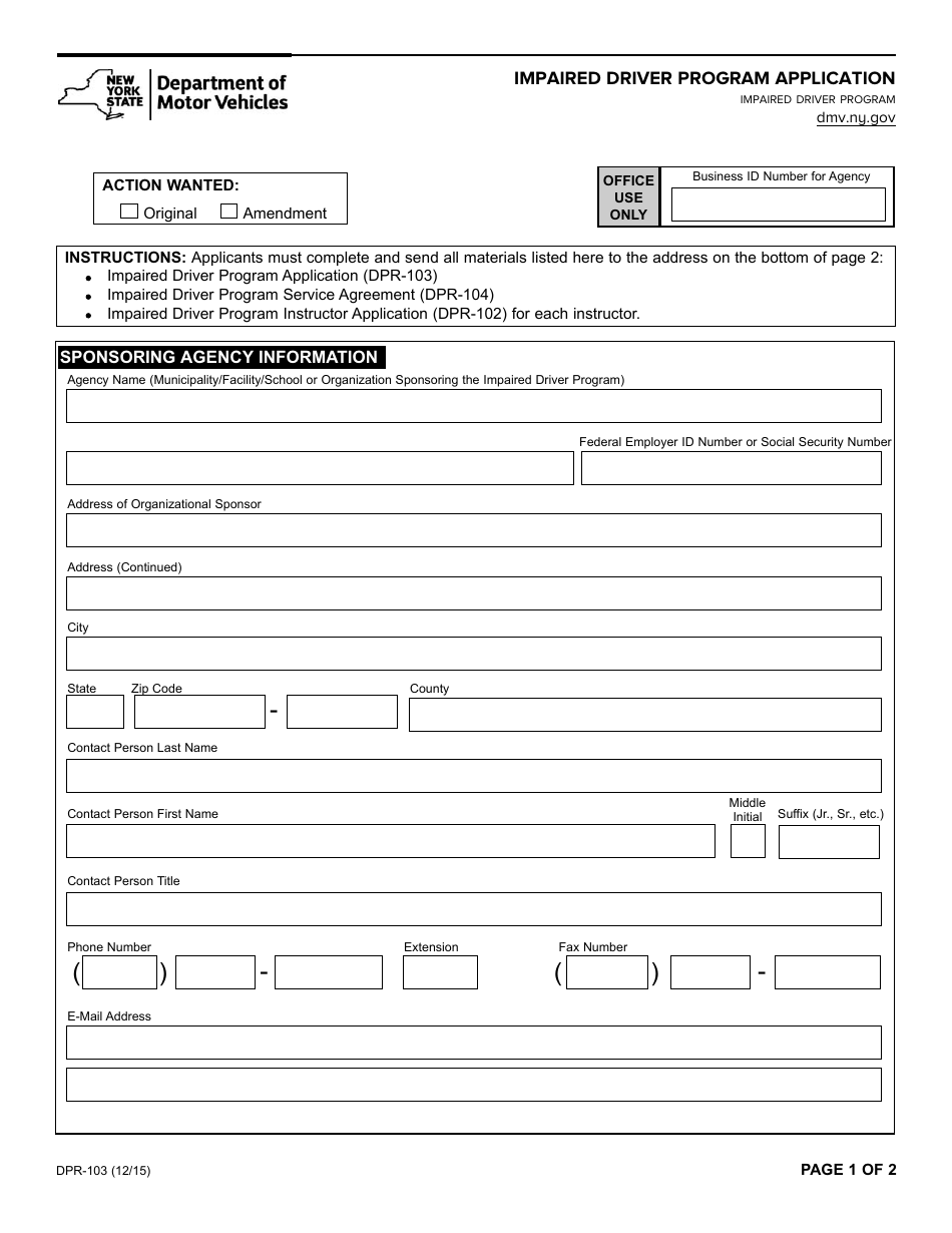 Form DPR-103 Impaired Driver Program Application - New York, Page 1