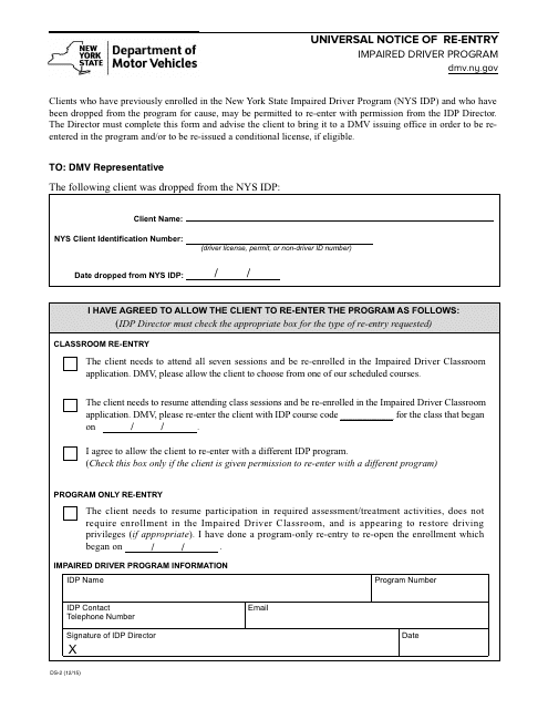 Form DS-2 Universal Notice of Re-entry - New York