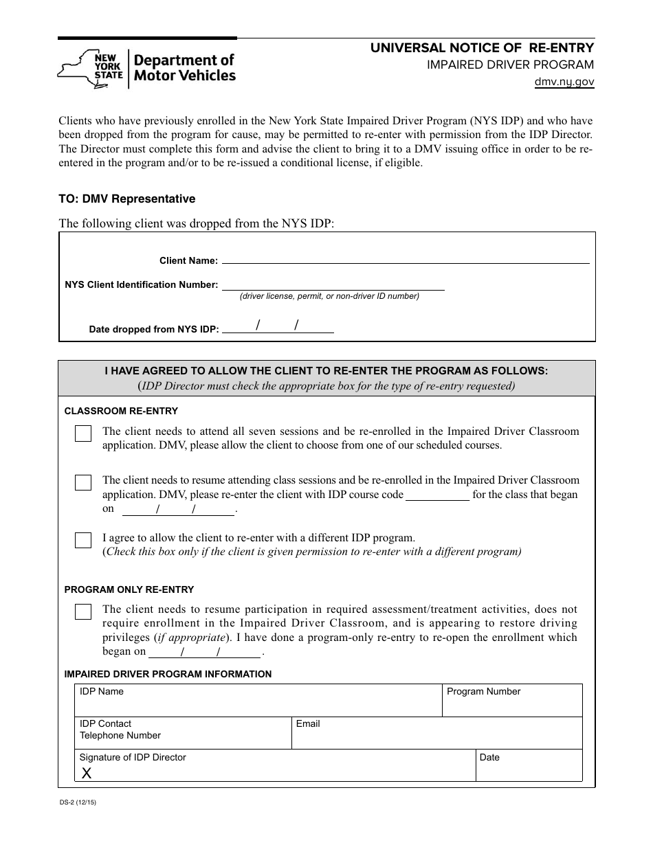 Form DS-2 Universal Notice of Re-entry - New York, Page 1