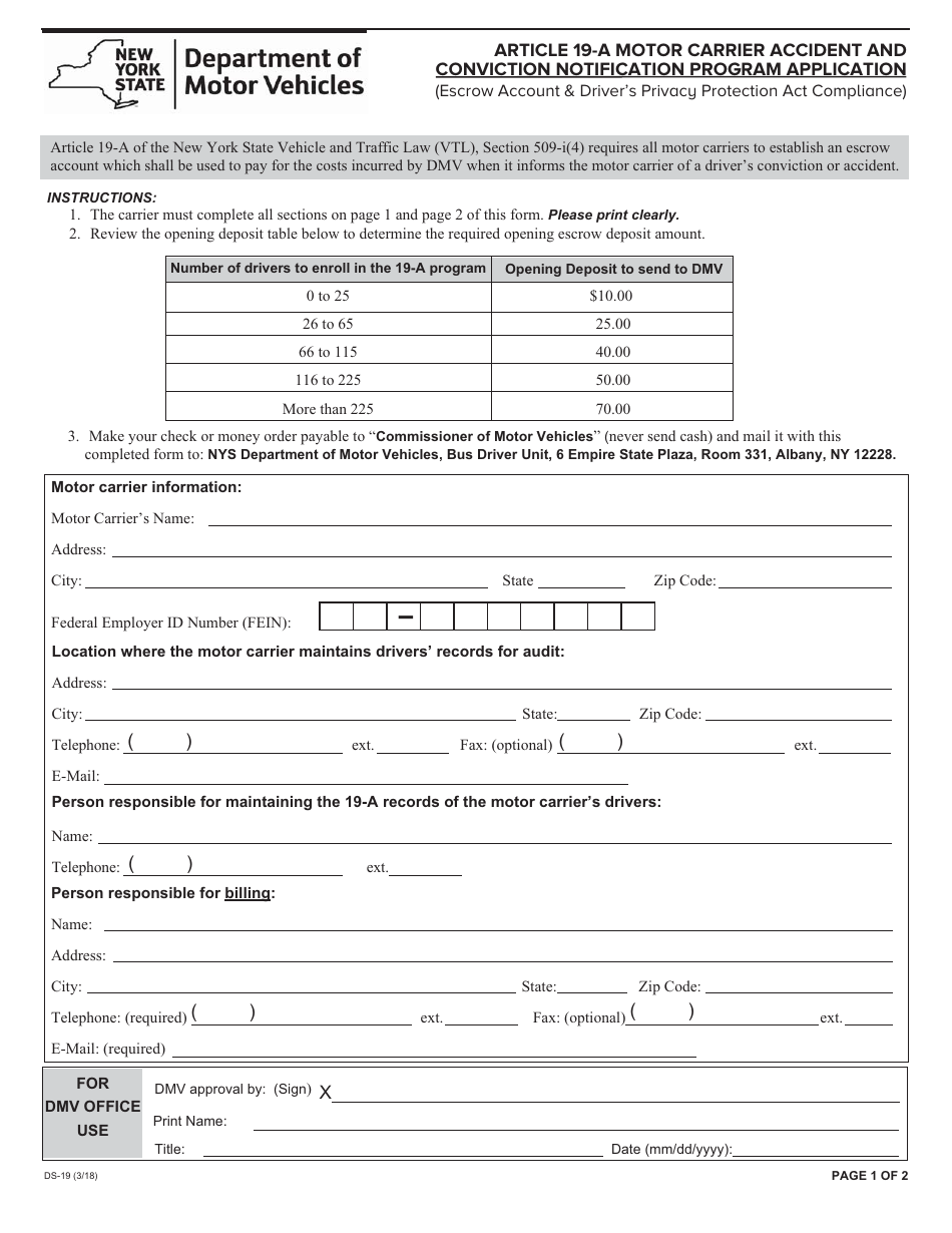 Form DS-19 Article 19-a Motor Carrier Accident and Conviction Notification Program Application - New York, Page 1