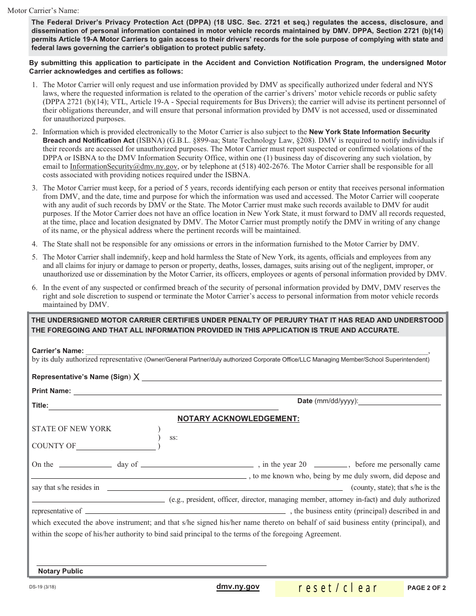 Form DS-19 Article 19-a Motor Carrier Accident and Conviction Notification Program Application - New York, Page 2