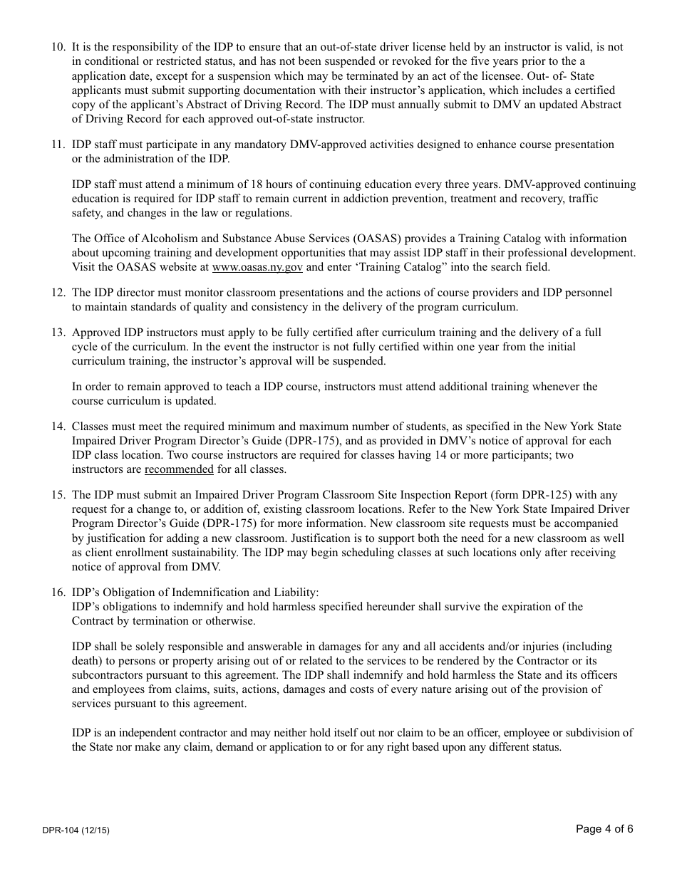 Form DPR-104 Impaired Driver Program Service Agreement - New York, Page 4
