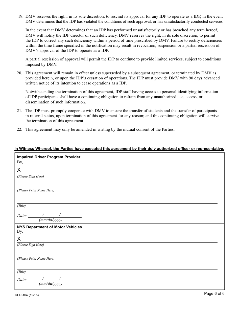 Form DPR-104 Impaired Driver Program Service Agreement - New York, Page 6