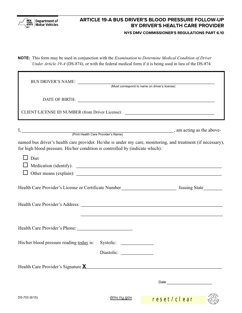 Form DS-703 Article 19-a Bus Drivers Blood Pressure Follow-Up by Drivers Health Care Provider - New York, Page 1