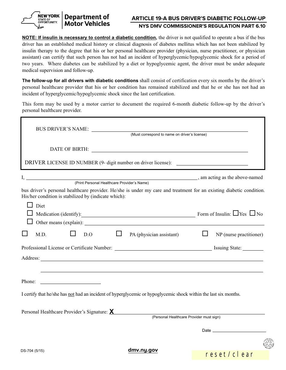 Form DS-704 Article 19-a Bus Drivers Diabetic Follow-Up - New York, Page 1