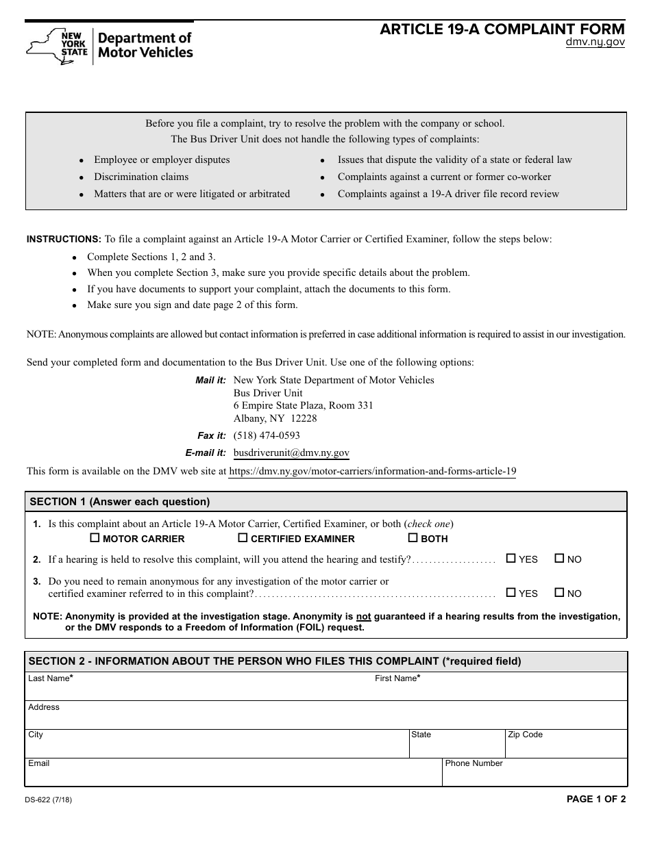 Form DS-622 Article 19-a Complaint Form - New York, Page 1