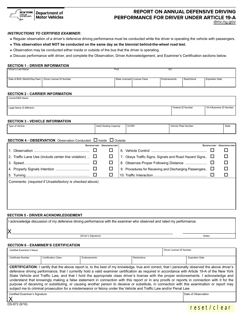 Form DS-873 Report on Annual Defensive Driving Performance for Driver Under Article 19-a - New York, Page 1