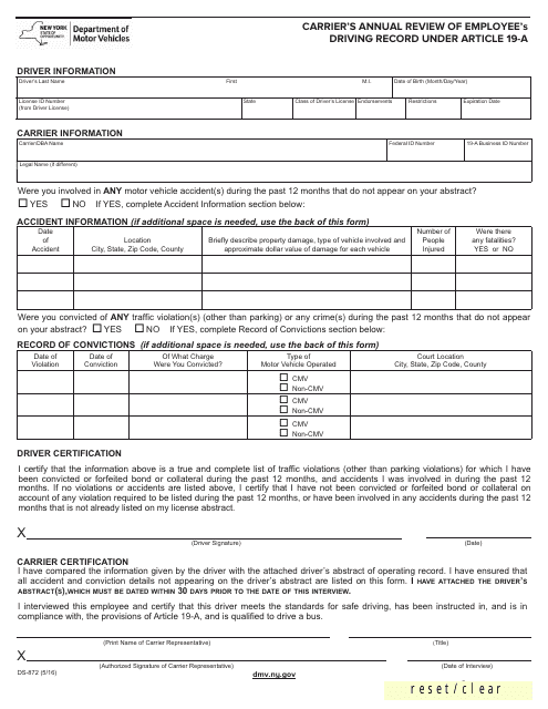 Form DS-872 Carrier's Annual Review of Employee's Driving Record Under Article 19-a - New York