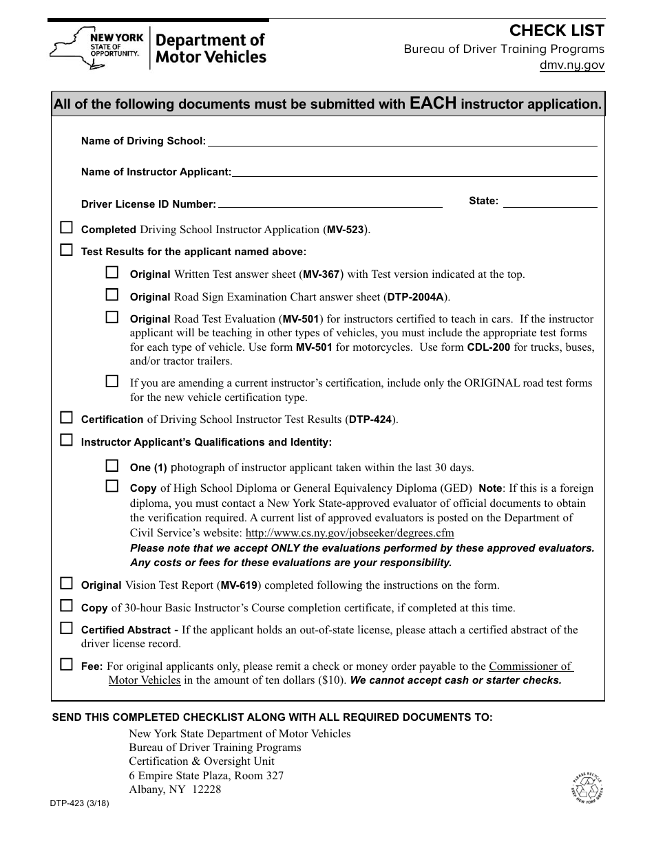 Form DTP-423 Check List - New York, Page 1