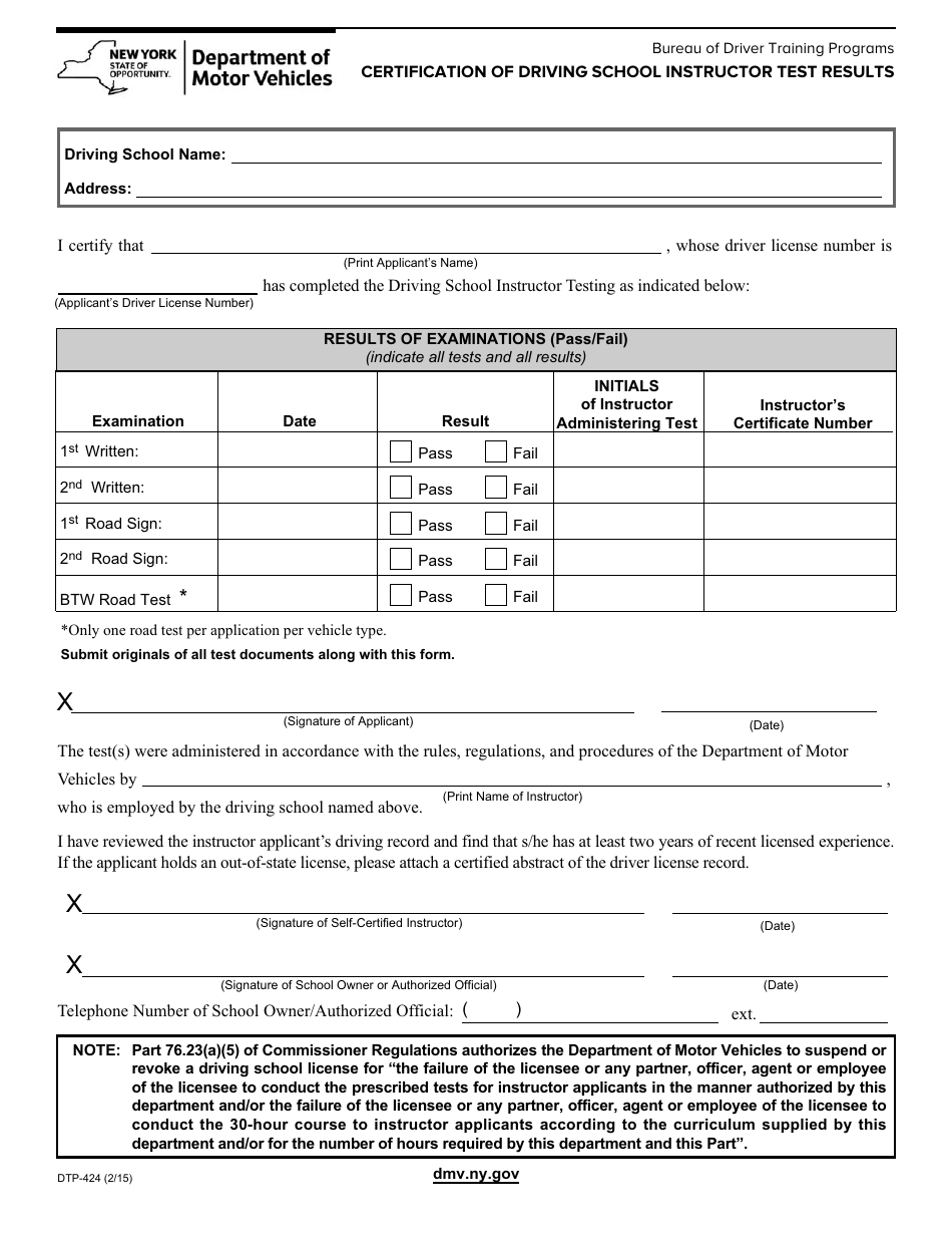 Form DTP-424 Certification of Driving School Instructor Test Results - New York, Page 1