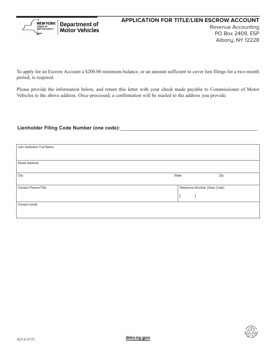 Form ELT-3 Application for Title / Lien Escrow Account - New York, Page 1
