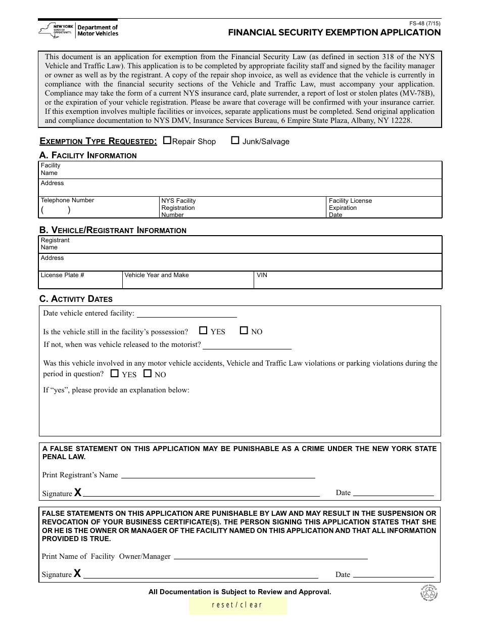 Form FS-48 Financial Security Exemption Application - New York, Page 1
