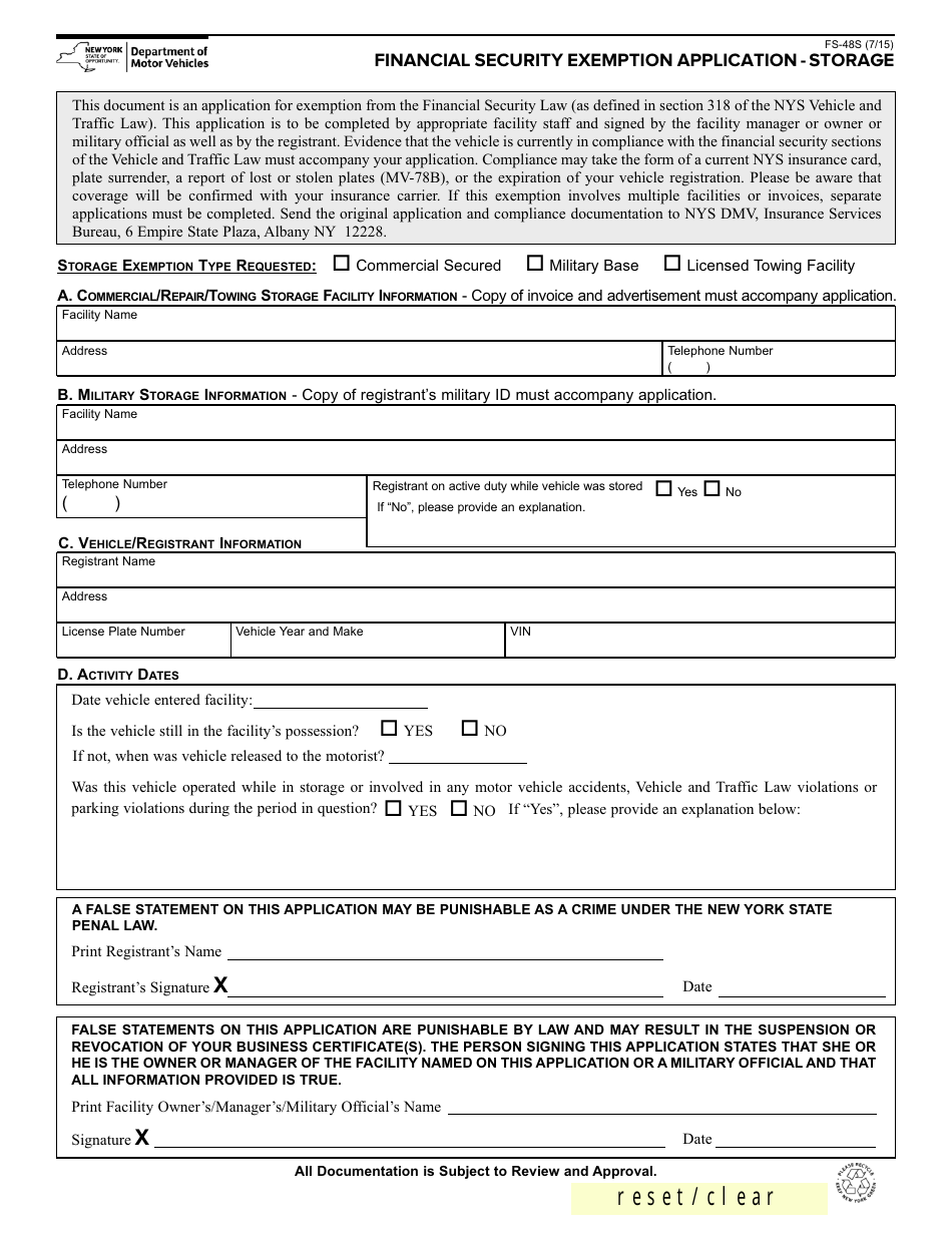 Form FS-48S Financial Security Exemption Application - Storage - New York, Page 1