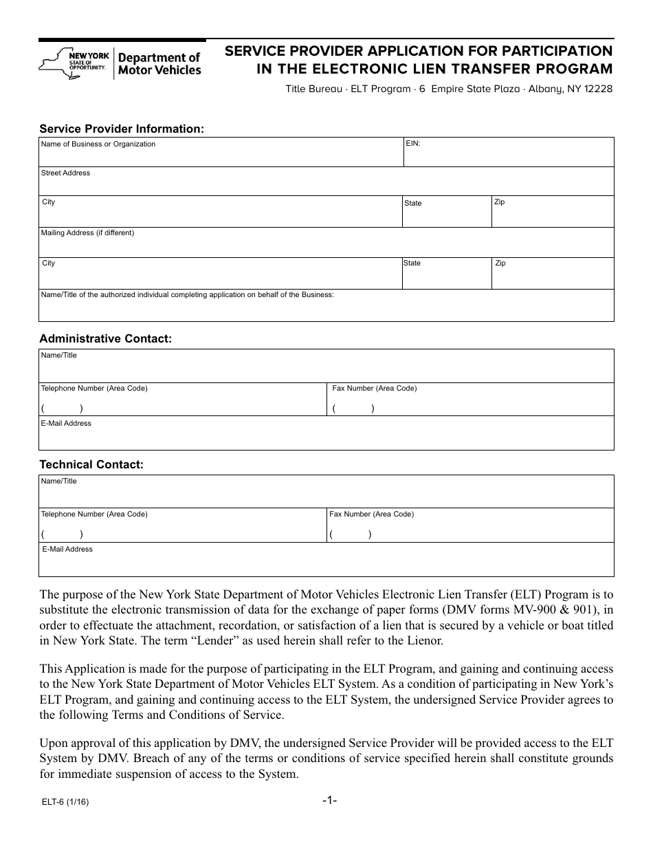 Form ELT-6 Service Provider Application for Participation in the Electronic Lien Transfer Program - New York, Page 1